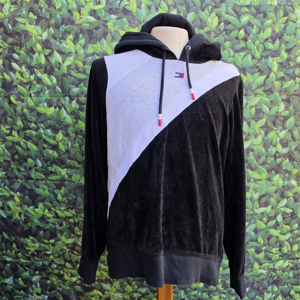 Tommy Hilfiger Sport Velour Hoodie Women's Large Black Gray Colorblock Pullover